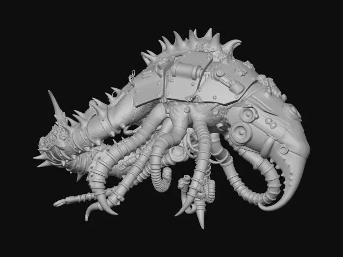 3D model for High-detail 3D asset of [ASSET NAME], Deep Sea Dark Fantasy SF style, Bio-mechanical integration, rusted pressurized metal plates fused with decaying organic leviathan bones, intricate pipes and glowing fiber-optic nerves, covered in prehistoric barnacles and glowing moss. Professional PBR textures: oxidized copper, wet slimy membrane, scratched heavy steel. Lighting: Dim abyssal environment with eerie bioluminescent neon cyan accents. Cinematic atmosphere, H.R. Giger inspired, hyper-realistic, 8k resolution, Unreal Engine 5 render.