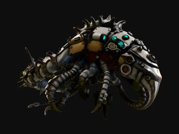 3D model for High-detail 3D asset of [ASSET NAME], Deep Sea Dark Fantasy SF style, Bio-mechanical integration, rusted pressurized metal plates fused with decaying organic leviathan bones, intricate pipes and glowing fiber-optic nerves, covered in prehistoric barnacles and glowing moss. Professional PBR textures: oxidized copper, wet slimy membrane, scratched heavy steel. Lighting: Dim abyssal environment with eerie bioluminescent neon cyan accents. Cinematic atmosphere, H.R. Giger inspired, hyper-realistic, 8k resolution, Unreal Engine 5 render.