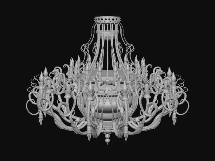 3D model for 3D asset, chandelier, dark fantasy sci-fi deep sea theme, biomechanical design. Central floating bioluminescent cyan energy core trapped inside a ribcage-like dark oxidized metal and leviathan bone frame. Glowing fiber-optic cables resembling jellyfish tentacles hanging down. Rusted titanium joints, gothic futuristic architecture, abyssal barnacles and glowing neon coral growths. Bioluminescent teal and deep violet emissive lights. PBR textures, high surface detail, realistic metal and organic material contrast. Studio lighting, dark background, isolated on black, Unreal Engine 5 render, 8k resolution, masterpiece.