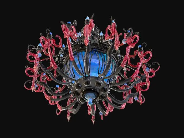 3D model for 3D asset, chandelier, dark fantasy sci-fi deep sea theme, biomechanical design. Central floating bioluminescent cyan energy core trapped inside a ribcage-like dark oxidized metal and leviathan bone frame. Glowing fiber-optic cables resembling jellyfish tentacles hanging down. Rusted titanium joints, gothic futuristic architecture, abyssal barnacles and glowing neon coral growths. Bioluminescent teal and deep violet emissive lights. PBR textures, high surface detail, realistic metal and organic material contrast. Studio lighting, dark background, isolated on black, Unreal Engine 5 render, 8k resolution, masterpiece.