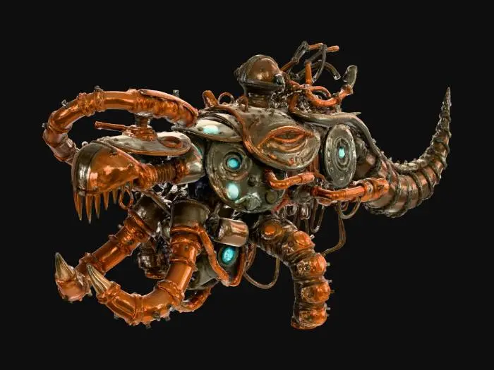 3D model for High-detail 3D asset of [ASSET NAME], Deep Sea Dark Fantasy SF style, Bio-mechanical integration, rusted pressurized metal plates fused with decaying organic leviathan bones, intricate pipes and glowing fiber-optic nerves, covered in prehistoric barnacles and glowing moss. Professional PBR textures: oxidized copper, wet slimy membrane, scratched heavy steel. Lighting: Dim abyssal environment with eerie bioluminescent neon cyan accents. Cinematic atmosphere, H.R. Giger inspired, hyper-realistic, 8k resolution, Unreal Engine 5 render.