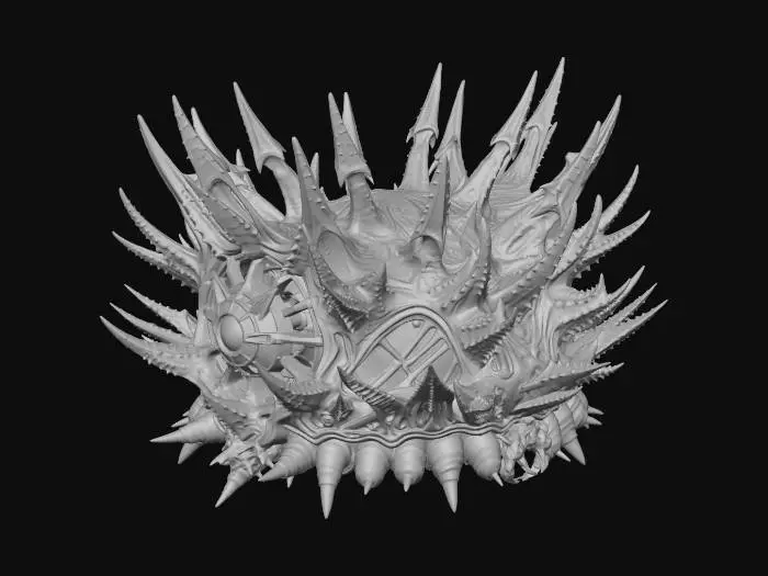 3D model for A 3D game asset of a majestic crown, dark fantasy meets sci-fi and deep sea theme. Asymmetrical biomechanical structure, intertwining skeletal abyssal black coral with futuristic thick mechanical cables. Central focal point is a pressurized glowing cyan energy reactor core covered in thick glass. Jagged spikes resembling anglerfish lures with glowing bioluminescent tips. Tarnished dark bronze and gunmetal materials mixed with organic barnacle-like vents. Wet and slick surface, intricate cybernetic glowing circuit patterns emitting neon green and cyan light. PBR realistic textures, high metallic reflection, low roughness wet look, intense emissive lights. Isolated on solid black background, studio lighting, 8k resolution, Unreal Engine 5 render style.