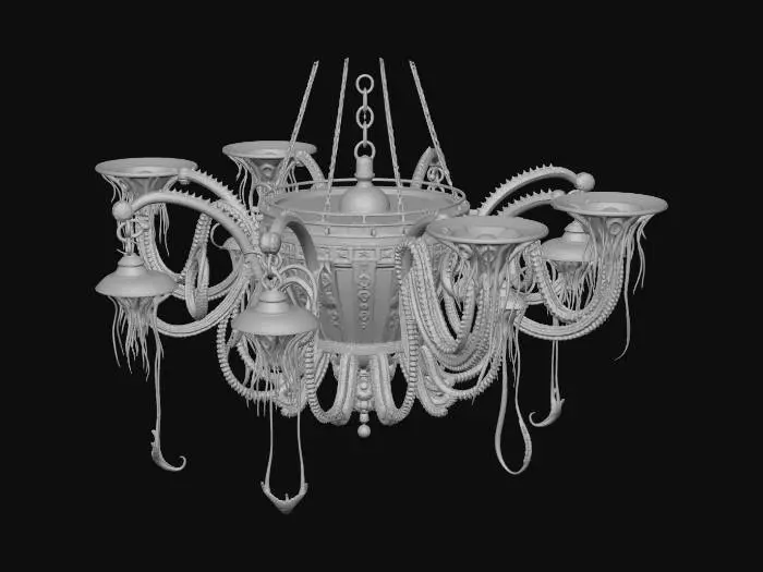 3D model for 3D asset, chandelier, dark fantasy sci-fi deep sea theme, biomechanical design. Central floating bioluminescent cyan energy core trapped inside a ribcage-like dark oxidized metal and leviathan bone frame. Glowing fiber-optic cables resembling jellyfish tentacles hanging down. Rusted titanium joints, gothic futuristic architecture, abyssal barnacles and glowing neon coral growths. Bioluminescent teal and deep violet emissive lights. PBR textures, high surface detail, realistic metal and organic material contrast. Studio lighting, dark background, isolated on black, Unreal Engine 5 render, 8k resolution, masterpiece.