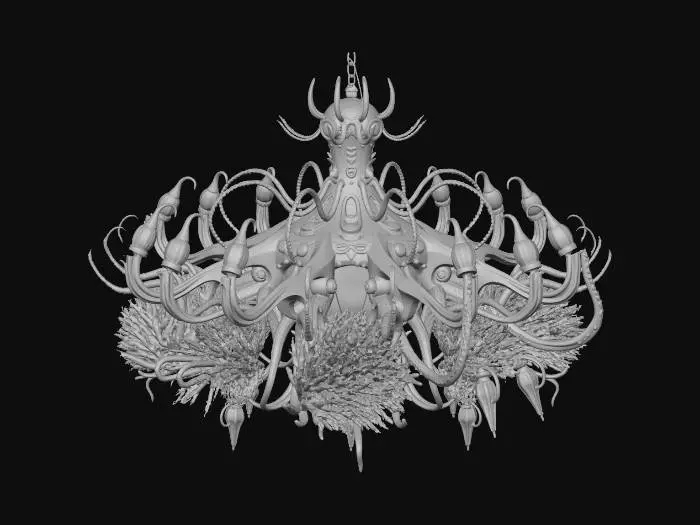 3D model for 3D asset, chandelier, dark fantasy sci-fi deep sea theme, biomechanical design. Central floating bioluminescent cyan energy core trapped inside a ribcage-like dark oxidized metal and leviathan bone frame. Glowing fiber-optic cables resembling jellyfish tentacles hanging down. Rusted titanium joints, gothic futuristic architecture, abyssal barnacles and glowing neon coral growths. Bioluminescent teal and deep violet emissive lights. PBR textures, high surface detail, realistic metal and organic material contrast. Studio lighting, dark background, isolated on black, Unreal Engine 5 render, 8k resolution, masterpiece.