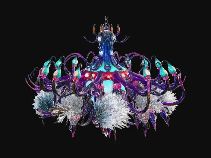 3D model for 3D asset, chandelier, dark fantasy sci-fi deep sea theme, biomechanical design. Central floating bioluminescent cyan energy core trapped inside a ribcage-like dark oxidized metal and leviathan bone frame. Glowing fiber-optic cables resembling jellyfish tentacles hanging down. Rusted titanium joints, gothic futuristic architecture, abyssal barnacles and glowing neon coral growths. Bioluminescent teal and deep violet emissive lights. PBR textures, high surface detail, realistic metal and organic material contrast. Studio lighting, dark background, isolated on black, Unreal Engine 5 render, 8k resolution, masterpiece.