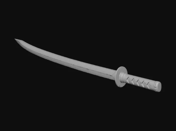 3D model for A highly detailed 3D model of a futuristic Katana sword, combining Deep Sea, Sci-Fi, and Dark Fantasy themes. The blade is made of translucent dark obsidian material with glowing bioluminescent cyan veins pulsing inside, resembling plasma energy. The Tsuba (handguard) is a fusion of a deep-sea anglerfish's skeletal jaw and dark sci-fi mechanical gears. The Tsuka (handle) is wrapped in alien shark skin over a carbon-fiber base, leaking black heavy oil. The weapon emits an eerie, cursed aura. PBR materials, glowing emission lights, dark wet oceanic metal, hyper-detailed, 8k resolution, Unreal Engine 5 render style, cinematic lighting, dark background