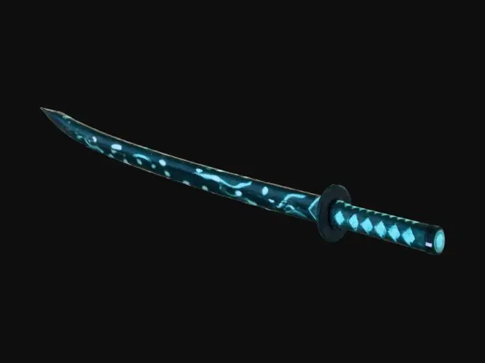 3D model for A highly detailed 3D model of a futuristic Katana sword, combining Deep Sea, Sci-Fi, and Dark Fantasy themes. The blade is made of translucent dark obsidian material with glowing bioluminescent cyan veins pulsing inside, resembling plasma energy. The Tsuba (handguard) is a fusion of a deep-sea anglerfish's skeletal jaw and dark sci-fi mechanical gears. The Tsuka (handle) is wrapped in alien shark skin over a carbon-fiber base, leaking black heavy oil. The weapon emits an eerie, cursed aura. PBR materials, glowing emission lights, dark wet oceanic metal, hyper-detailed, 8k resolution, Unreal Engine 5 render style, cinematic lighting, dark background