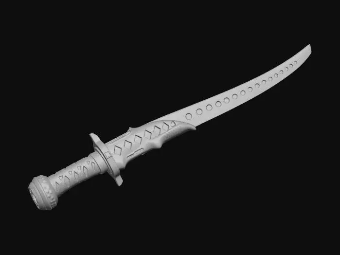 3D model for A highly detailed 3D model of a futuristic Katana sword, combining Deep Sea, Sci-Fi, and Dark Fantasy themes. The blade is made of translucent dark obsidian material with glowing bioluminescent cyan veins pulsing inside, resembling plasma energy. The Tsuba (handguard) is a fusion of a deep-sea anglerfish's skeletal jaw and dark sci-fi mechanical gears. The Tsuka (handle) is wrapped in alien shark skin over a carbon-fiber base, leaking black heavy oil. The weapon emits an eerie, cursed aura. PBR materials, glowing emission lights, dark wet oceanic metal, hyper-detailed, 8k resolution, Unreal Engine 5 render style, cinematic lighting, dark background