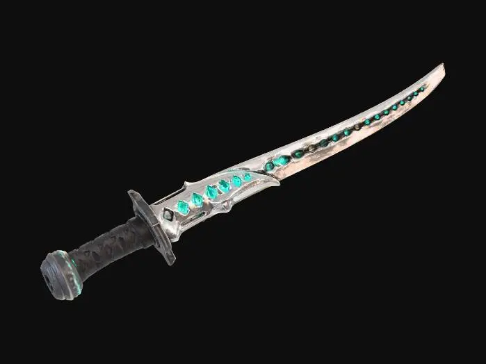 3D model for A highly detailed 3D model of a futuristic Katana sword, combining Deep Sea, Sci-Fi, and Dark Fantasy themes. The blade is made of translucent dark obsidian material with glowing bioluminescent cyan veins pulsing inside, resembling plasma energy. The Tsuba (handguard) is a fusion of a deep-sea anglerfish's skeletal jaw and dark sci-fi mechanical gears. The Tsuka (handle) is wrapped in alien shark skin over a carbon-fiber base, leaking black heavy oil. The weapon emits an eerie, cursed aura. PBR materials, glowing emission lights, dark wet oceanic metal, hyper-detailed, 8k resolution, Unreal Engine 5 render style, cinematic lighting, dark background