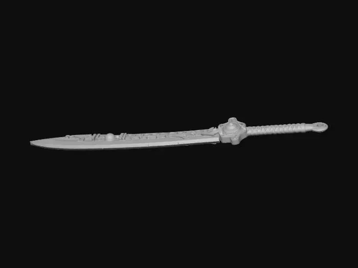 3D model for Ancient abyssal biomechanical katana relic, grown not forged. Slightly curved asymmetric single-edge blade shaped like a deep-sea predator fang. Translucent mineral blade with internal vein channels and layered geological strata, micro-crystals embedded. Thick pressure-resistant coral calcified spine with vent pores. Edge distorts surrounding space rather than sharp cutting. Circular jellyfish membrane guard with thin tendrils. Handle wrapped in fossilized kelp fibers with exposed vertebrae segments. Pommel contains a slowly pulsating bioluminescent core orb.
Lost oceanic civilization ritual execution tool and data-storage artifact, thousands of years underwater, eroded, barnacles and salt crystallization deposits.

Color: abyssal blue, basalt gray, oxidized green-black metal, cyan veins,