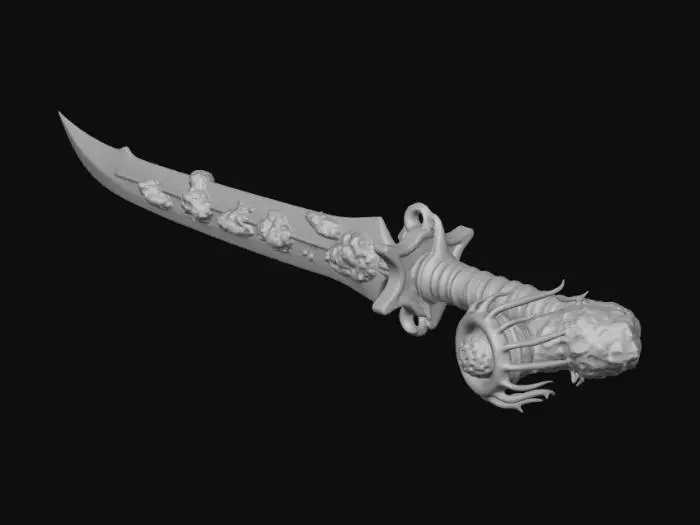3D model for Ancient abyssal biomechanical katana relic, grown not forged. Slightly curved asymmetric single-edge blade shaped like a deep-sea predator fang. Translucent mineral blade with internal vein channels and layered geological strata, micro-crystals embedded. Thick pressure-resistant coral calcified spine with vent pores. Edge distorts surrounding space rather than sharp cutting. Circular jellyfish membrane guard with thin tendrils. Handle wrapped in fossilized kelp fibers with exposed vertebrae segments. Pommel contains a slowly pulsating bioluminescent core orb.
Lost oceanic civilization ritual execution tool and data-storage artifact, thousands of years underwater, eroded, barnacles and salt crystallization deposits.

Color: abyssal blue, basalt gray, oxidized green-black metal, cyan veins,
