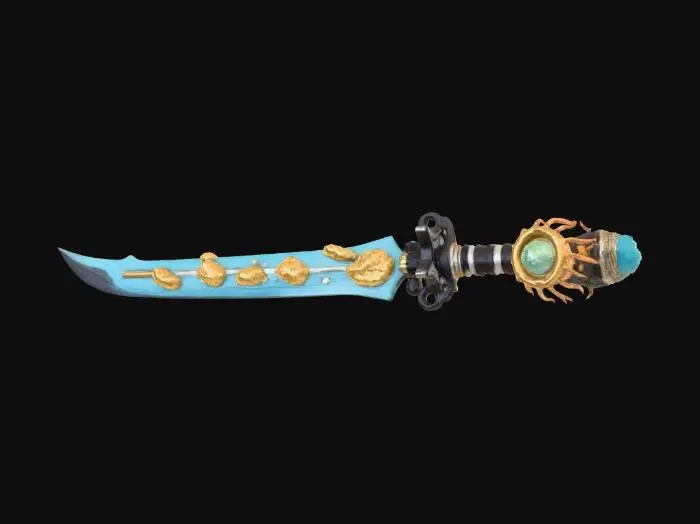 3D model for Ancient abyssal biomechanical katana relic, grown not forged. Slightly curved asymmetric single-edge blade shaped like a deep-sea predator fang. Translucent mineral blade with internal vein channels and layered geological strata, micro-crystals embedded. Thick pressure-resistant coral calcified spine with vent pores. Edge distorts surrounding space rather than sharp cutting. Circular jellyfish membrane guard with thin tendrils. Handle wrapped in fossilized kelp fibers with exposed vertebrae segments. Pommel contains a slowly pulsating bioluminescent core orb.
Lost oceanic civilization ritual execution tool and data-storage artifact, thousands of years underwater, eroded, barnacles and salt crystallization deposits.

Color: abyssal blue, basalt gray, oxidized green-black metal, cyan veins,