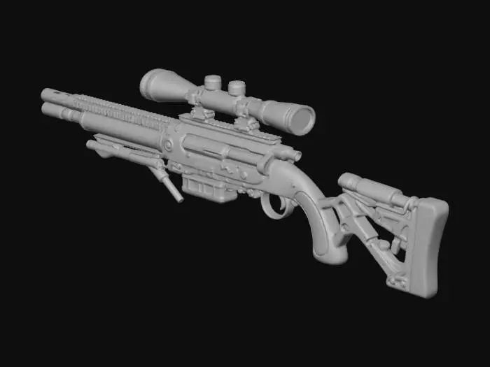 3D model for A deep-sea sci-fi dark fantasy relic sniper rifle, non-human ancient technology, ceremonial precision weapon.

Long elegant silhouette, cathedral-like structure, asymmetric bio-mechanical architecture, grown rather than manufactured.

The barrel is formed from spiral coral-metal composite with embedded glass veins, transparent pressure tubes running along the body filled with faint glowing bioluminescent fluid.

Instead of a scope, a floating halo-ring observation array with runic focusing plates, connected by thin articulated mechanical tendrils.

Stock resembles fossilized spine and shell structure, ergonomic but alien.

No modern gun parts, no screws, no rails, no magazines, no human industrial design language.

Designed as an observation instrument that stabilizes existence before firi