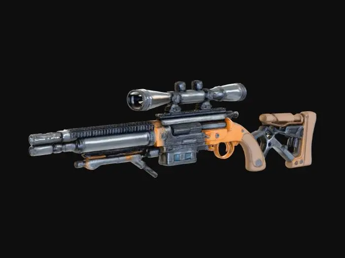 3D model for A deep-sea sci-fi dark fantasy relic sniper rifle, non-human ancient technology, ceremonial precision weapon.

Long elegant silhouette, cathedral-like structure, asymmetric bio-mechanical architecture, grown rather than manufactured.

The barrel is formed from spiral coral-metal composite with embedded glass veins, transparent pressure tubes running along the body filled with faint glowing bioluminescent fluid.

Instead of a scope, a floating halo-ring observation array with runic focusing plates, connected by thin articulated mechanical tendrils.

Stock resembles fossilized spine and shell structure, ergonomic but alien.

No modern gun parts, no screws, no rails, no magazines, no human industrial design language.

Designed as an observation instrument that stabilizes existence before firi