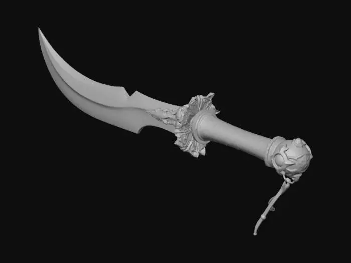 3D model for Ancient abyssal biomechanical katana relic, grown not forged. Slightly curved asymmetric single-edge blade shaped like a deep-sea predator fang. Translucent mineral blade with internal vein channels and layered geological strata, micro-crystals embedded. Thick pressure-resistant coral calcified spine with vent pores. Edge distorts surrounding space rather than sharp cutting. Circular jellyfish membrane guard with thin tendrils. Handle wrapped in fossilized kelp fibers with exposed vertebrae segments. Pommel contains a slowly pulsating bioluminescent core orb.
Lost oceanic civilization ritual execution tool and data-storage artifact, thousands of years underwater, eroded, barnacles and salt crystallization deposits.

Color: abyssal blue, basalt gray, oxidized green-black metal, cyan veins,