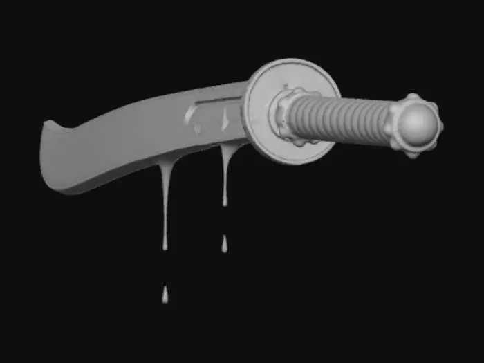 3D model for A highly detailed 3D model of a futuristic Katana sword, combining Deep Sea, Sci-Fi, and Dark Fantasy themes. The blade is made of translucent dark obsidian material with glowing bioluminescent cyan veins pulsing inside, resembling plasma energy. The Tsuba (handguard) is a fusion of a deep-sea anglerfish's skeletal jaw and dark sci-fi mechanical gears. The Tsuka (handle) is wrapped in alien shark skin over a carbon-fiber base, leaking black heavy oil. The weapon emits an eerie, cursed aura. PBR materials, glowing emission lights, dark wet oceanic metal, hyper-detailed, 8k resolution, Unreal Engine 5 render style, cinematic lighting, dark background