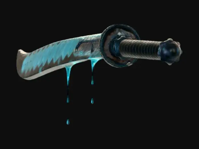 3D model for A highly detailed 3D model of a futuristic Katana sword, combining Deep Sea, Sci-Fi, and Dark Fantasy themes. The blade is made of translucent dark obsidian material with glowing bioluminescent cyan veins pulsing inside, resembling plasma energy. The Tsuba (handguard) is a fusion of a deep-sea anglerfish's skeletal jaw and dark sci-fi mechanical gears. The Tsuka (handle) is wrapped in alien shark skin over a carbon-fiber base, leaking black heavy oil. The weapon emits an eerie, cursed aura. PBR materials, glowing emission lights, dark wet oceanic metal, hyper-detailed, 8k resolution, Unreal Engine 5 render style, cinematic lighting, dark background