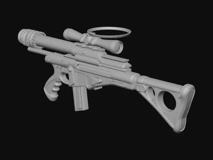 3D model for A deep-sea sci-fi dark fantasy relic sniper rifle, non-human ancient technology, ceremonial precision weapon.

Long elegant silhouette, cathedral-like structure, asymmetric bio-mechanical architecture, grown rather than manufactured.

The barrel is formed from spiral coral-metal composite with embedded glass veins, transparent pressure tubes running along the body filled with faint glowing bioluminescent fluid.

Instead of a scope, a floating halo-ring observation array with runic focusing plates, connected by thin articulated mechanical tendrils.

Stock resembles fossilized spine and shell structure, ergonomic but alien.

No modern gun parts, no screws, no rails, no magazines, no human industrial design language.

Designed as an observation instrument that stabilizes existence before firi