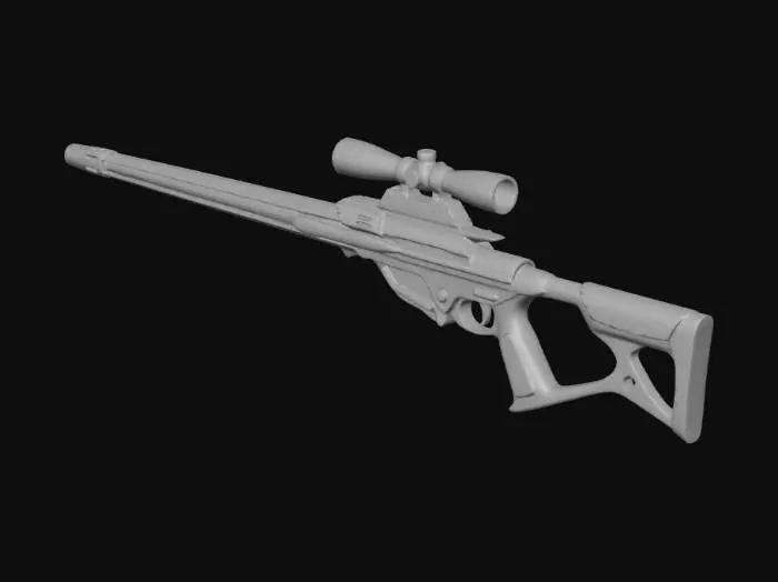 3D model for A deep-sea sci-fi dark fantasy relic sniper rifle, non-human ancient technology, ceremonial precision weapon.

Long elegant silhouette, cathedral-like structure, asymmetric bio-mechanical architecture, grown rather than manufactured.

The barrel is formed from spiral coral-metal composite with embedded glass veins, transparent pressure tubes running along the body filled with faint glowing bioluminescent fluid.

Instead of a scope, a floating halo-ring observation array with runic focusing plates, connected by thin articulated mechanical tendrils.

Stock resembles fossilized spine and shell structure, ergonomic but alien.

No modern gun parts, no screws, no rails, no magazines, no human industrial design language.

Designed as an observation instrument that stabilizes existence before firi