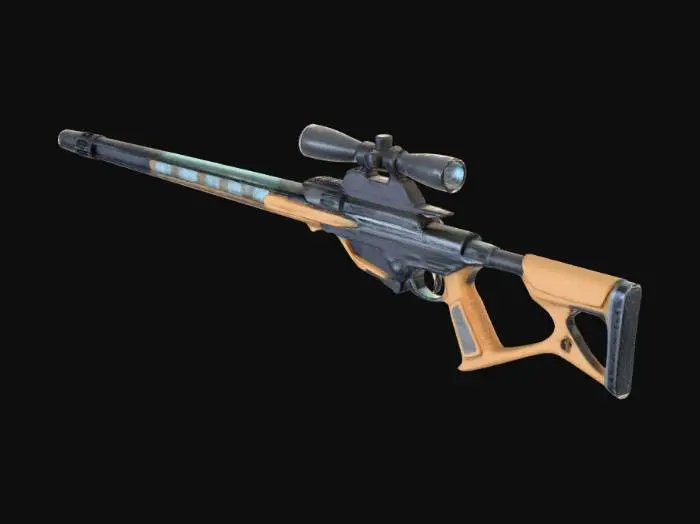 3D model for A deep-sea sci-fi dark fantasy relic sniper rifle, non-human ancient technology, ceremonial precision weapon.

Long elegant silhouette, cathedral-like structure, asymmetric bio-mechanical architecture, grown rather than manufactured.

The barrel is formed from spiral coral-metal composite with embedded glass veins, transparent pressure tubes running along the body filled with faint glowing bioluminescent fluid.

Instead of a scope, a floating halo-ring observation array with runic focusing plates, connected by thin articulated mechanical tendrils.

Stock resembles fossilized spine and shell structure, ergonomic but alien.

No modern gun parts, no screws, no rails, no magazines, no human industrial design language.

Designed as an observation instrument that stabilizes existence before firi