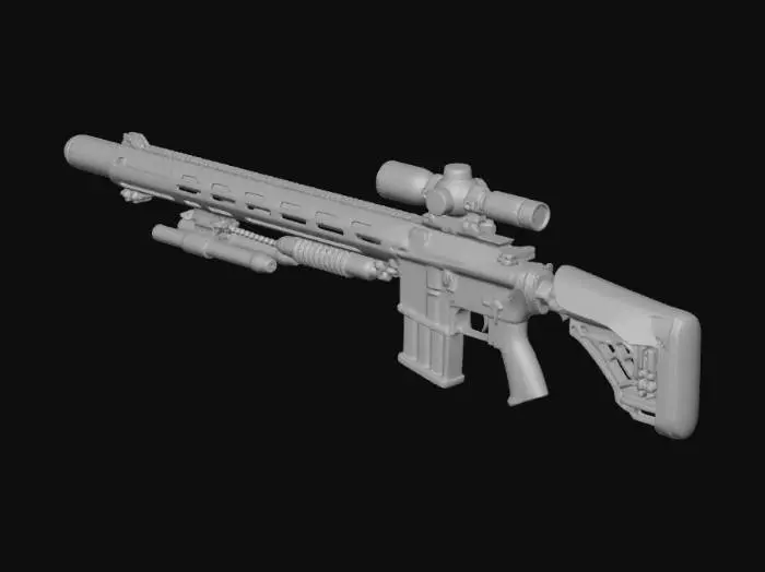 3D model for A deep-sea sci-fi dark fantasy relic sniper rifle, non-human ancient technology, ceremonial precision weapon.

Long elegant silhouette, cathedral-like structure, asymmetric bio-mechanical architecture, grown rather than manufactured.

The barrel is formed from spiral coral-metal composite with embedded glass veins, transparent pressure tubes running along the body filled with faint glowing bioluminescent fluid.

Instead of a scope, a floating halo-ring observation array with runic focusing plates, connected by thin articulated mechanical tendrils.

Stock resembles fossilized spine and shell structure, ergonomic but alien.

No modern gun parts, no screws, no rails, no magazines, no human industrial design language.

Designed as an observation instrument that stabilizes existence before firi