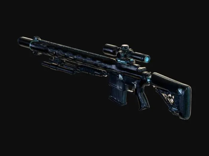 3D model for A deep-sea sci-fi dark fantasy relic sniper rifle, non-human ancient technology, ceremonial precision weapon.

Long elegant silhouette, cathedral-like structure, asymmetric bio-mechanical architecture, grown rather than manufactured.

The barrel is formed from spiral coral-metal composite with embedded glass veins, transparent pressure tubes running along the body filled with faint glowing bioluminescent fluid.

Instead of a scope, a floating halo-ring observation array with runic focusing plates, connected by thin articulated mechanical tendrils.

Stock resembles fossilized spine and shell structure, ergonomic but alien.

No modern gun parts, no screws, no rails, no magazines, no human industrial design language.

Designed as an observation instrument that stabilizes existence before firi