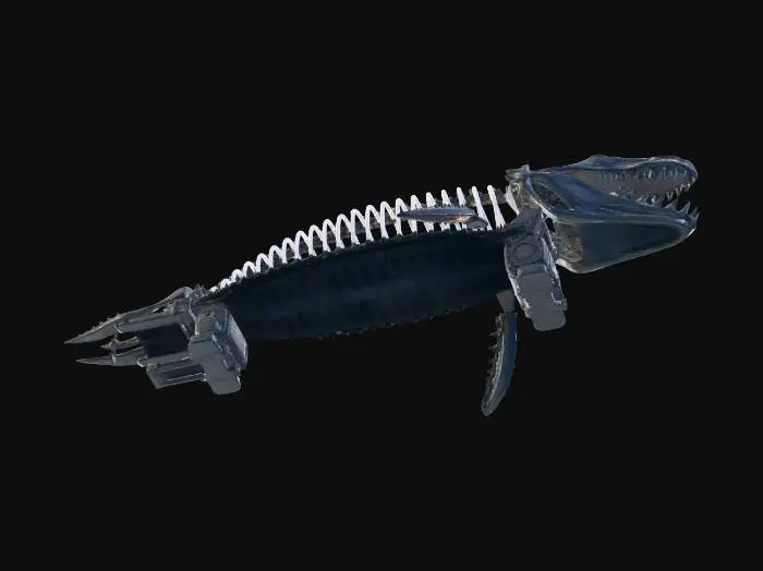 3D model for Bridge constructed from giant whale skeleton reinforced with metal plates, biomechanical architecture, cables threaded through bones, subtle bioluminescence along spine, abyssal ruins aesthetic, dark underwater atmosphere, PBR bone texture, corrosion and wetness