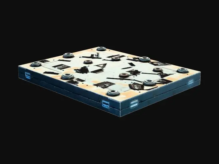 3D model for # modular environment asset, seamless tiling capable, game ready, clean topology, mid poly, optimized, PBR textures, 2k textures, consistent texel density, deep sea sci fi research facility, titanium ceramic metal, marine corrosion, bioluminescent accents, wet surface
## square modular floor panel, reinforced metal plates, bolt patterns, drainage grooves, subtle salt corrosion, faint cyan luminous lines embedded in seams, slightly worn, deep sea research facility, seamless edge alignment, PBR