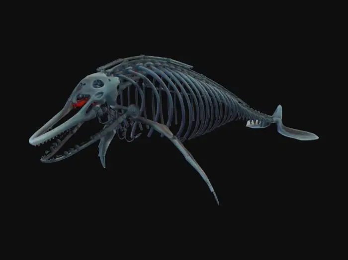 3D model for Bridge constructed from giant whale skeleton reinforced with metal plates, biomechanical architecture, cables threaded through bones, subtle bioluminescence along spine, abyssal ruins aesthetic, dark underwater atmosphere, PBR bone texture, corrosion and wetness