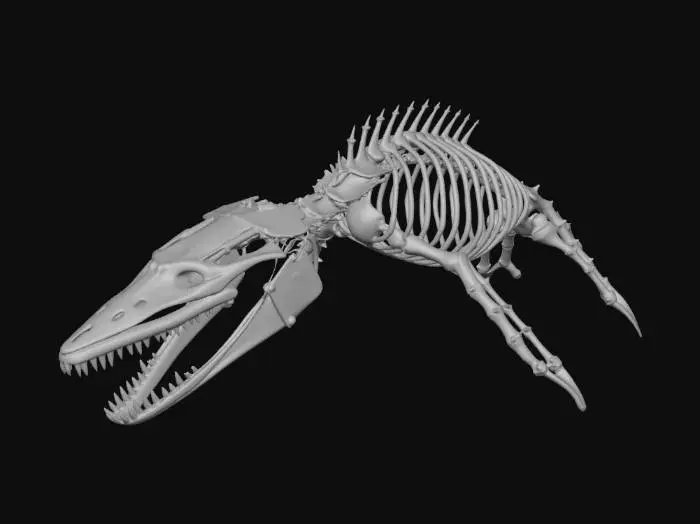 3D model for Bridge constructed from giant whale skeleton reinforced with metal plates, biomechanical architecture, cables threaded through bones, subtle bioluminescence along spine, abyssal ruins aesthetic, dark underwater atmosphere, PBR bone texture, corrosion and wetness