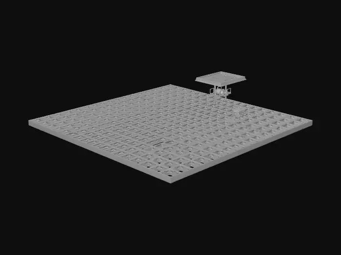 3D model for # modular environment asset, seamless tiling capable, game ready, clean topology, mid poly, optimized, PBR textures, 2k textures, consistent texel density, deep sea sci fi research facility, titanium ceramic metal, marine corrosion, bioluminescent accents, wet surface
## industrial grated floor tile, thick metal grid, darkness visible below, pipes and cables faintly visible, wet reflections, marine deposits, underwater facility aesthetic, modular seamless tile, PBR