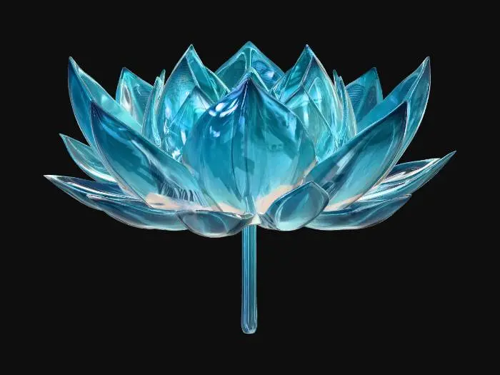 3D model for A highly detailed 3D model of a geometric lotus flower thriving in the deep sea. The petals are made of translucent crystalline glass and dark metallic titanium, featuring sharp, fractal geometric shapes. Bioluminescent neon blue and glowing cyan veins run through the geometric petals. The core of the lotus emits an ethereal, deep-ocean luminescent glow. PBR textures, emissive materials, refractive glass, sub-surface scattering. Sci-fi marine biology style, high poly, 8k resolution, Unreal Engine 5 render, isolated 3D game asset, masterpiece, symmetrical design.