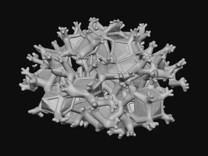 3D model for A deep-sea coral reef made of perfect geometric shapes, fractal structures, hexagonal prisms, and polyhedrons. Bioluminescent glow, neon cyan and magenta lights emitting from the coral tips. Translucent crystal and metallic textures mixed with porous organic rocks. Dark abyssal ocean background with soft underwater volumetric lighting and water caustics. Hyper-detailed, 8k resolution, 3D asset, PBR materials, Octane Render, Unreal Engine 5 style, masterpiece.