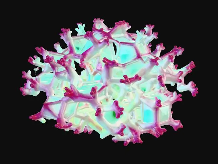3D model for A deep-sea coral reef made of perfect geometric shapes, fractal structures, hexagonal prisms, and polyhedrons. Bioluminescent glow, neon cyan and magenta lights emitting from the coral tips. Translucent crystal and metallic textures mixed with porous organic rocks. Dark abyssal ocean background with soft underwater volumetric lighting and water caustics. Hyper-detailed, 8k resolution, 3D asset, PBR materials, Octane Render, Unreal Engine 5 style, masterpiece.
