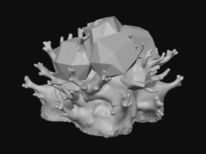 3D model for A deep-sea coral reef made of perfect geometric shapes, fractal structures, hexagonal prisms, and polyhedrons. Bioluminescent glow, neon cyan and magenta lights emitting from the coral tips. Translucent crystal and metallic textures mixed with porous organic rocks. Dark abyssal ocean background with soft underwater volumetric lighting and water caustics. Hyper-detailed, 8k resolution, 3D asset, PBR materials, Octane Render, Unreal Engine 5 style, masterpiece.