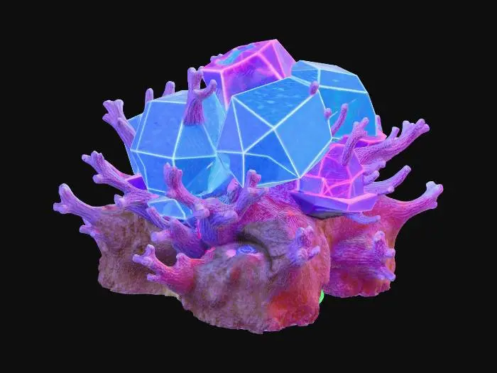 3D model for A deep-sea coral reef made of perfect geometric shapes, fractal structures, hexagonal prisms, and polyhedrons. Bioluminescent glow, neon cyan and magenta lights emitting from the coral tips. Translucent crystal and metallic textures mixed with porous organic rocks. Dark abyssal ocean background with soft underwater volumetric lighting and water caustics. Hyper-detailed, 8k resolution, 3D asset, PBR materials, Octane Render, Unreal Engine 5 style, masterpiece.