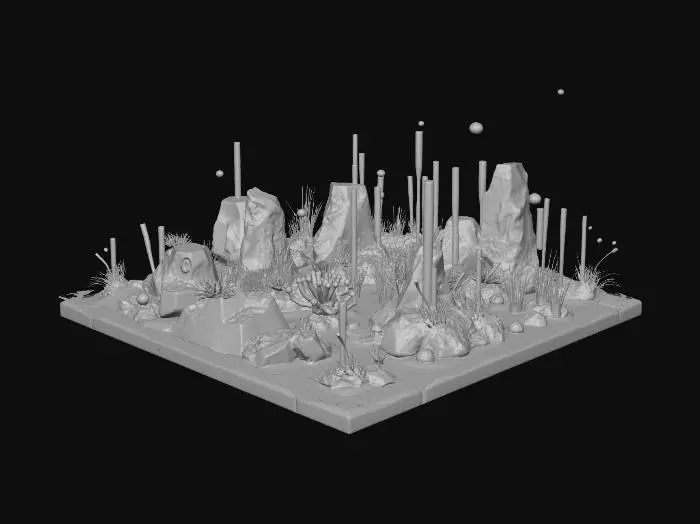3D model for A highly detailed 3D diorama of a deep-sea geometric alien grassland. The terrain consists of hexagonal basalt columns and glowing cyan grid lines. The grass is made of translucent, fractal-like crystalline structures and neon bioluminescent tubes. Polyhedral corals and metallic floating anemones. Deep ocean environment, bioluminescent lighting, underwater caustics. PBR textures, subsurface scattering, glowing emission maps, Unreal Engine 5 style, sci-fi game asset, masterpiece, ultra-detailed.
