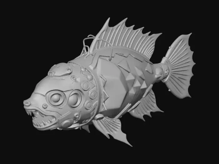 3D model for A highly detailed 3D model of an otherworldly deep-sea fish, fusion of geometric and organic shapes. Polyhedral body structure, fractal-like anatomy. Bioluminescent glowing neon cyan and magenta veins. Translucent crystalline fins, metallic iridescent scales, dark obsidian armor plating. Deep abyss alien creature, bioluminescence. High poly, PBR textures, glowing emissions, cinematic lighting, Octane render, 8k resolution, masterpiece.