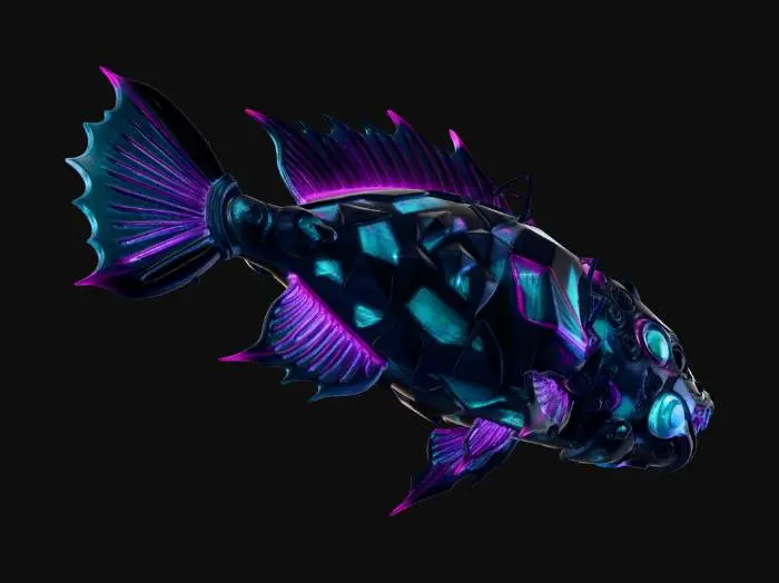 3D model for A highly detailed 3D model of an otherworldly deep-sea fish, fusion of geometric and organic shapes. Polyhedral body structure, fractal-like anatomy. Bioluminescent glowing neon cyan and magenta veins. Translucent crystalline fins, metallic iridescent scales, dark obsidian armor plating. Deep abyss alien creature, bioluminescence. High poly, PBR textures, glowing emissions, cinematic lighting, Octane render, 8k resolution, masterpiece.