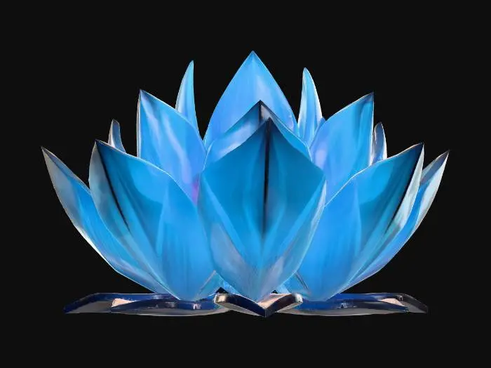 3D model for A highly detailed 3D model of a geometric lotus flower thriving in the deep sea. The petals are made of translucent crystalline glass and dark metallic titanium, featuring sharp, fractal geometric shapes. Bioluminescent neon blue and glowing cyan veins run through the geometric petals. The core of the lotus emits an ethereal, deep-ocean luminescent glow. PBR textures, emissive materials, refractive glass, sub-surface scattering. Sci-fi marine biology style, high poly, 8k resolution, Unreal Engine 5 render, isolated 3D game asset, masterpiece, symmetrical design.