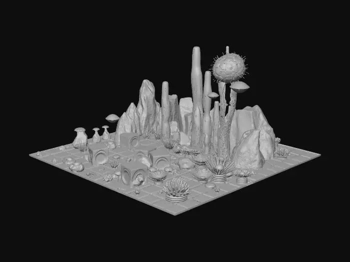 3D model for A highly detailed 3D diorama of a deep-sea geometric alien grassland. The terrain consists of hexagonal basalt columns and glowing cyan grid lines. The grass is made of translucent, fractal-like crystalline structures and neon bioluminescent tubes. Polyhedral corals and metallic floating anemones. Deep ocean environment, bioluminescent lighting, underwater caustics. PBR textures, subsurface scattering, glowing emission maps, Unreal Engine 5 style, sci-fi game asset, masterpiece, ultra-detailed.