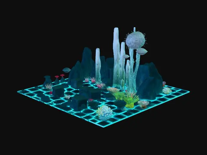 3D model for A highly detailed 3D diorama of a deep-sea geometric alien grassland. The terrain consists of hexagonal basalt columns and glowing cyan grid lines. The grass is made of translucent, fractal-like crystalline structures and neon bioluminescent tubes. Polyhedral corals and metallic floating anemones. Deep ocean environment, bioluminescent lighting, underwater caustics. PBR textures, subsurface scattering, glowing emission maps, Unreal Engine 5 style, sci-fi game asset, masterpiece, ultra-detailed.