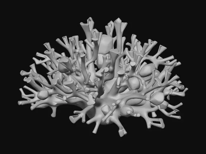 3D model for A deep-sea coral reef made of perfect geometric shapes, fractal structures, hexagonal prisms, and polyhedrons. Bioluminescent glow, neon cyan and magenta lights emitting from the coral tips. Translucent crystal and metallic textures mixed with porous organic rocks. Dark abyssal ocean background with soft underwater volumetric lighting and water caustics. Hyper-detailed, 8k resolution, 3D asset, PBR materials, Octane Render, Unreal Engine 5 style, masterpiece.