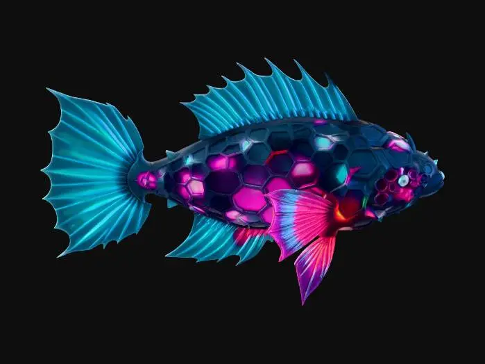 3D model for A highly detailed 3D model of an otherworldly deep-sea fish, fusion of geometric and organic shapes. Polyhedral body structure, fractal-like anatomy. Bioluminescent glowing neon cyan and magenta veins. Translucent crystalline fins, metallic iridescent scales, dark obsidian armor plating. Deep abyss alien creature, bioluminescence. High poly, PBR textures, glowing emissions, cinematic lighting, Octane render, 8k resolution, masterpiece.