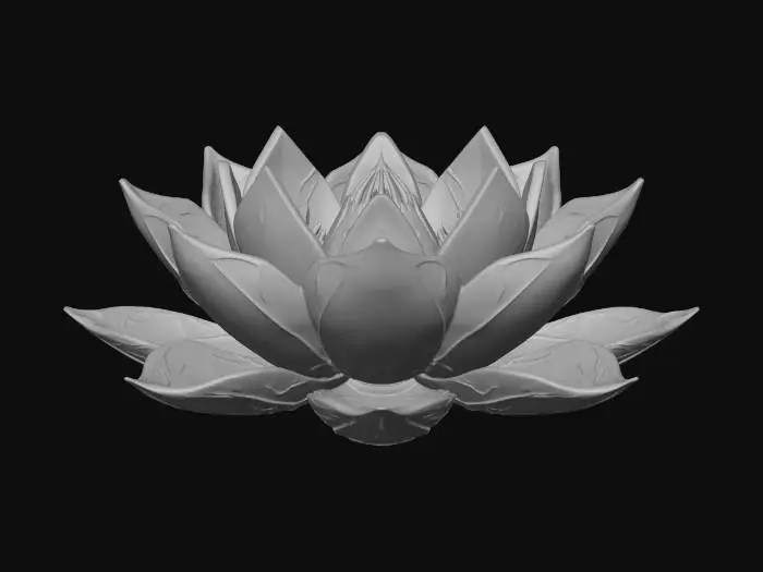 3D model for A highly detailed 3D model of a geometric lotus flower thriving in the deep sea. The petals are made of translucent crystalline glass and dark metallic titanium, featuring sharp, fractal geometric shapes. Bioluminescent neon blue and glowing cyan veins run through the geometric petals. The core of the lotus emits an ethereal, deep-ocean luminescent glow. PBR textures, emissive materials, refractive glass, sub-surface scattering. Sci-fi marine biology style, high poly, 8k resolution, Unreal Engine 5 render, isolated 3D game asset, masterpiece, symmetrical design.