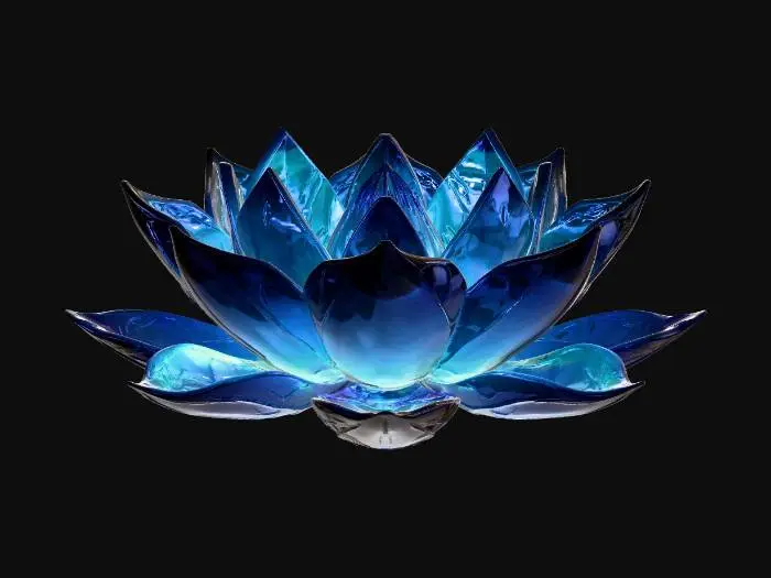 3D model for A highly detailed 3D model of a geometric lotus flower thriving in the deep sea. The petals are made of translucent crystalline glass and dark metallic titanium, featuring sharp, fractal geometric shapes. Bioluminescent neon blue and glowing cyan veins run through the geometric petals. The core of the lotus emits an ethereal, deep-ocean luminescent glow. PBR textures, emissive materials, refractive glass, sub-surface scattering. Sci-fi marine biology style, high poly, 8k resolution, Unreal Engine 5 render, isolated 3D game asset, masterpiece, symmetrical design.