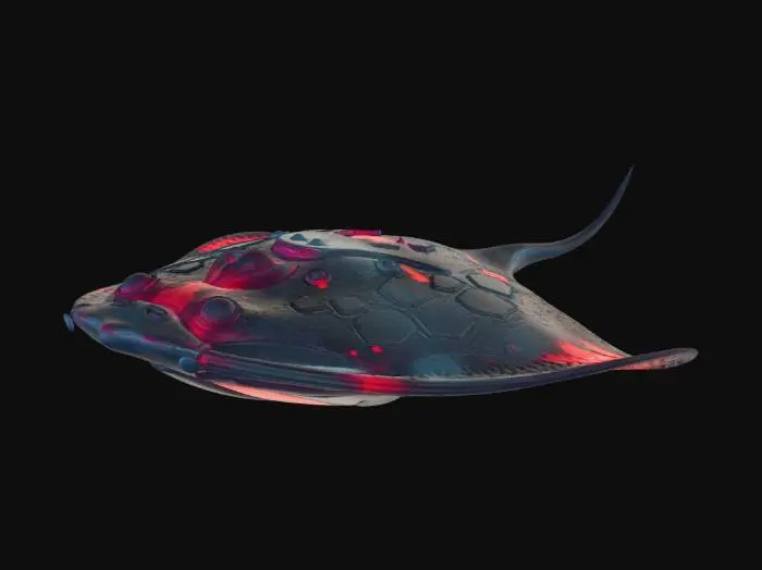 3D model for A highly detailed 3D model of an otherworldly deep-sea ray fish creature. Flat, manta ray-like body structure fused with sharp geometric obsidian armor plating and fractal anatomy. Deep crimson bioluminescent glowing veins and patterns pulsating against dark black skin. Matte black metallic scales, translucent dark red crystalline fins with jagged edges. Abyssal alien ray, pulsating red glow. High poly, PBR textures, intense glowing emissions, dramatic lighting, Octane render, 8k resolution, masterpiece.