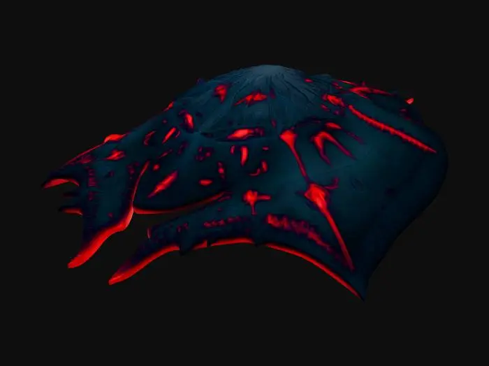 3D model for A highly detailed 3D model of an otherworldly deep-sea ray fish creature. Flat, manta ray-like body structure fused with sharp geometric obsidian armor plating and fractal anatomy. Deep crimson bioluminescent glowing veins and patterns pulsating against dark black skin. Matte black metallic scales, translucent dark red crystalline fins with jagged edges. Abyssal alien ray, pulsating red glow. High poly, PBR textures, intense glowing emissions, dramatic lighting, Octane render, 8k resolution, masterpiece.