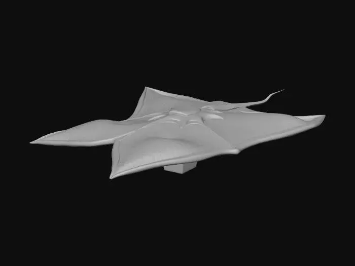 3D model for A highly detailed 3D model of an otherworldly deep-sea ray fish creature. Flat, manta ray-like body structure fused with sharp geometric obsidian armor plating and fractal anatomy. Deep crimson bioluminescent glowing veins and patterns pulsating against dark black skin. Matte black metallic scales, translucent dark red crystalline fins with jagged edges. Abyssal alien ray, pulsating red glow. High poly, PBR textures, intense glowing emissions, dramatic lighting, Octane render, 8k resolution, masterpiece.