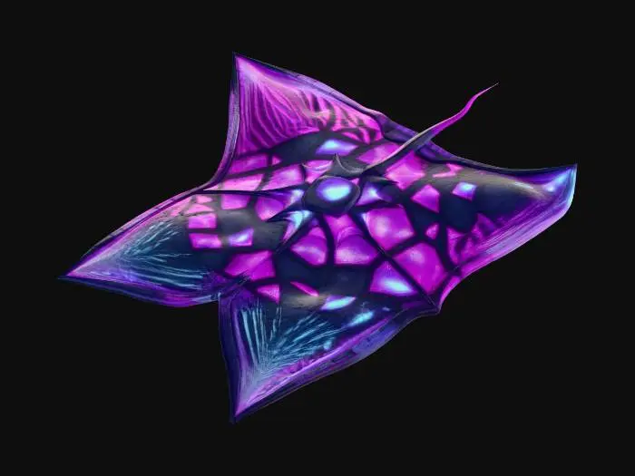 3D model for A highly detailed 3D model of an otherworldly deep-sea ray fish creature. Flat, manta ray-like body structure fused with sharp geometric obsidian armor plating and fractal anatomy. Deep crimson bioluminescent glowing veins and patterns pulsating against dark black skin. Matte black metallic scales, translucent dark red crystalline fins with jagged edges. Abyssal alien ray, pulsating red glow. High poly, PBR textures, intense glowing emissions, dramatic lighting, Octane render, 8k resolution, masterpiece.